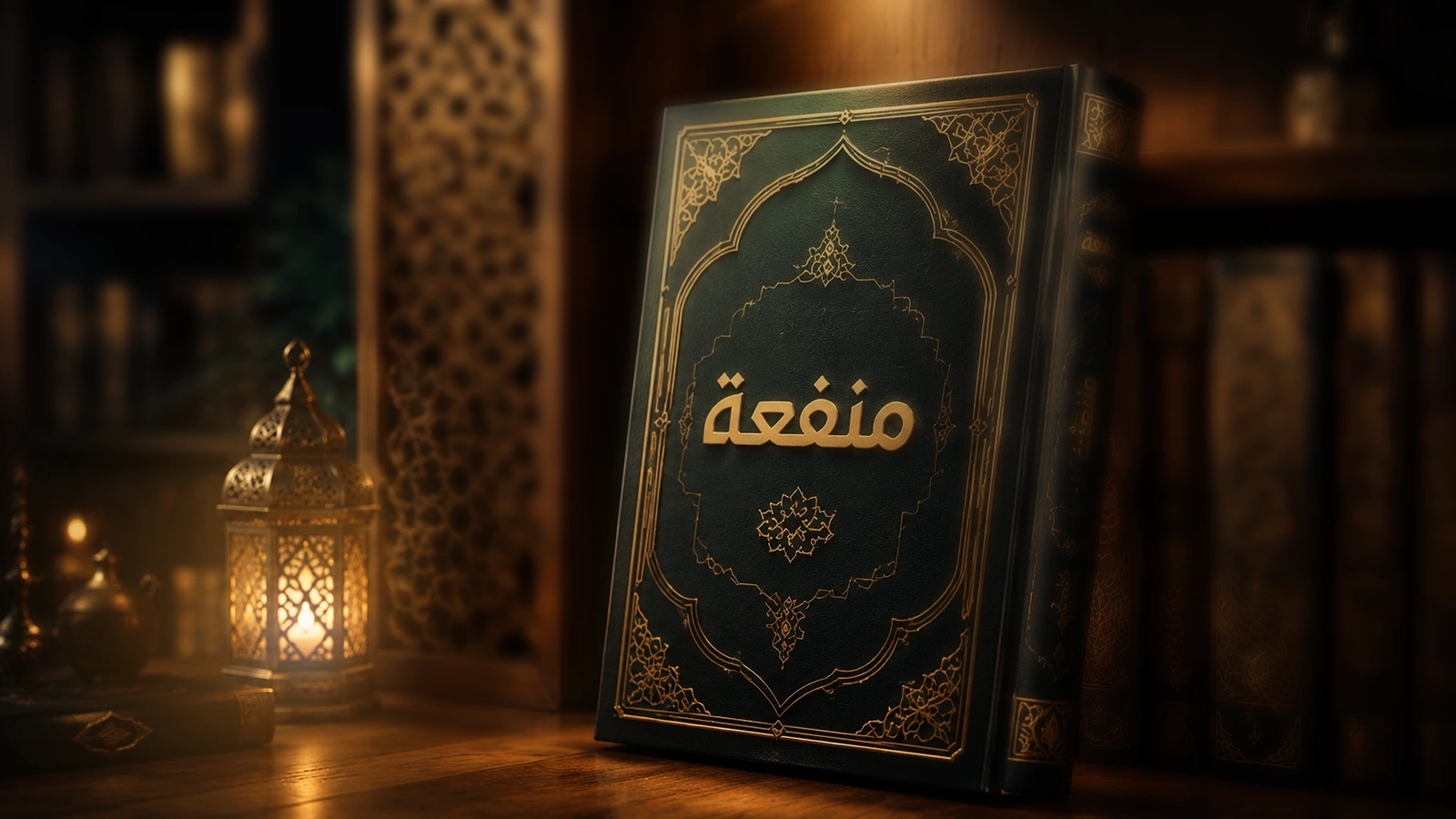 كتاب منفعة داخل ركن عربي بإضاءة دافئة
